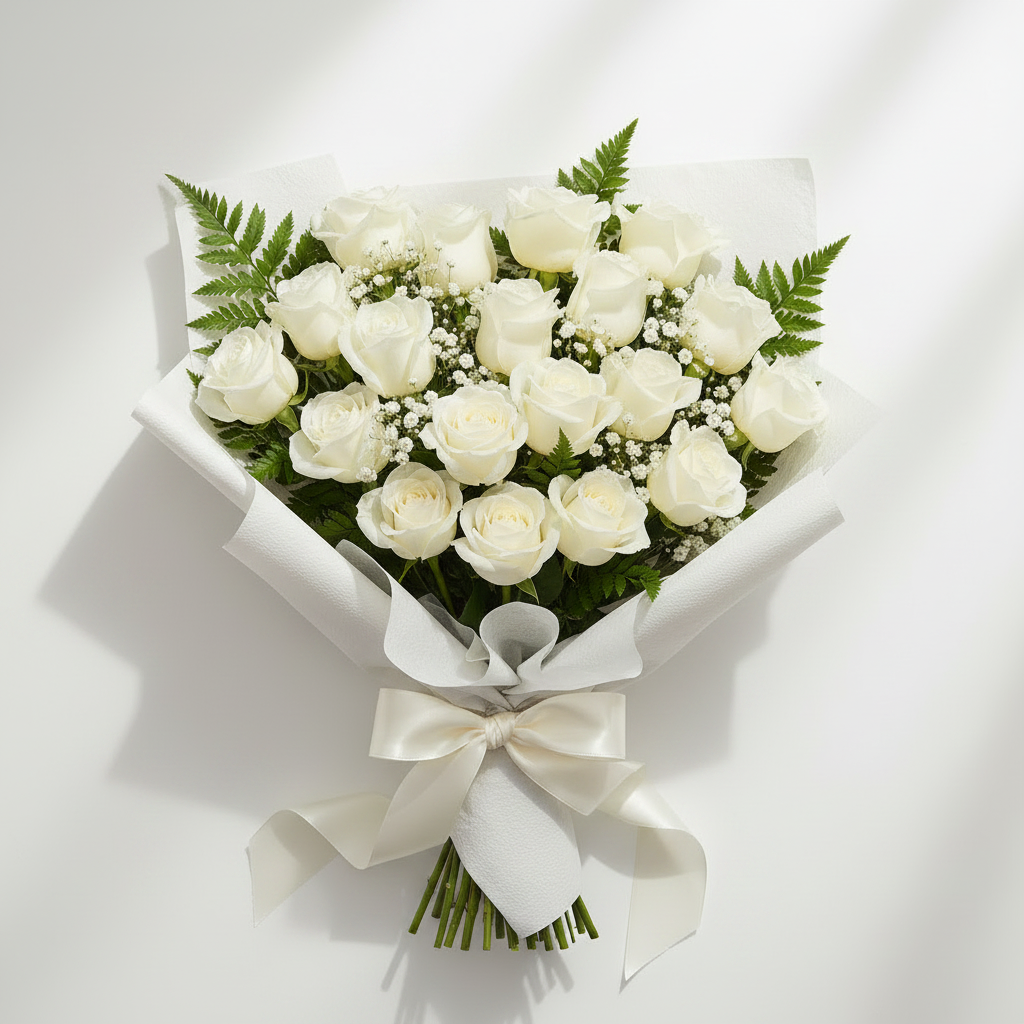 20 White Roses Wide Bouquet
