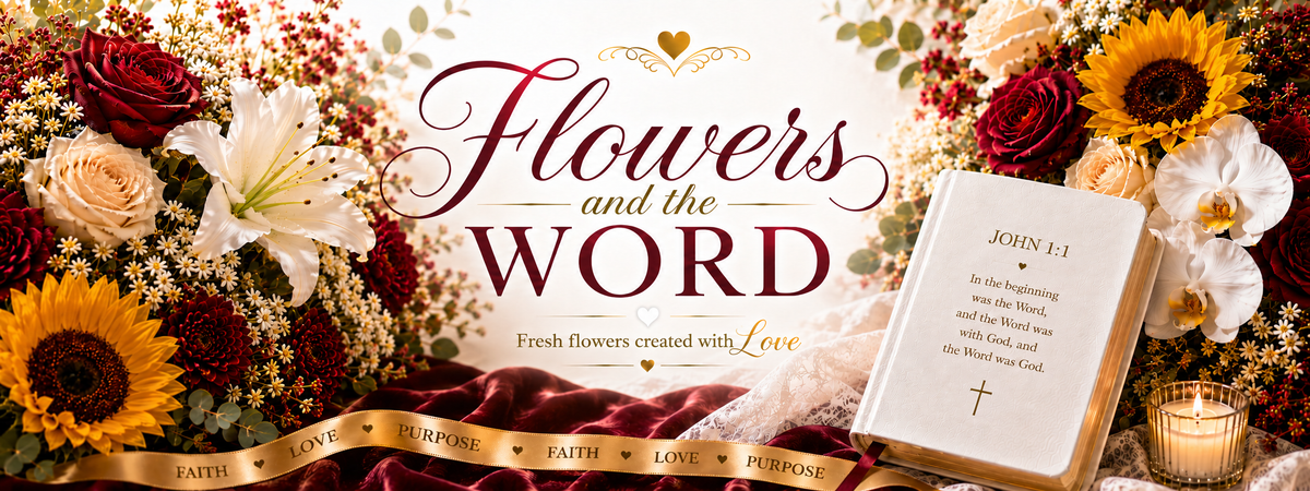 Flowers and the Word fresh flowers created with love floral banner