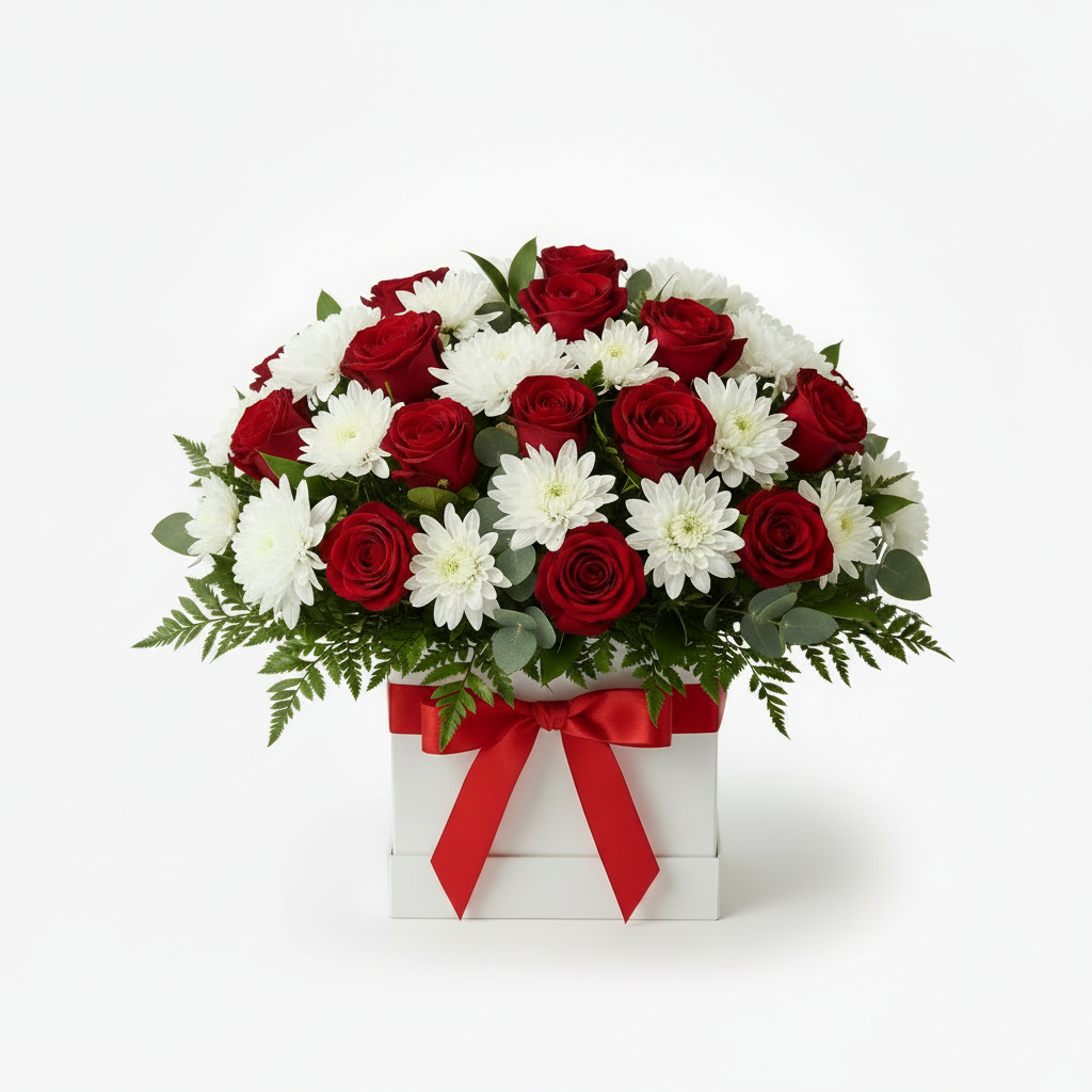 Coconut Grand - grand luxurious white chrysanthemums, red roses and greenery in a white posy box with red ribbon