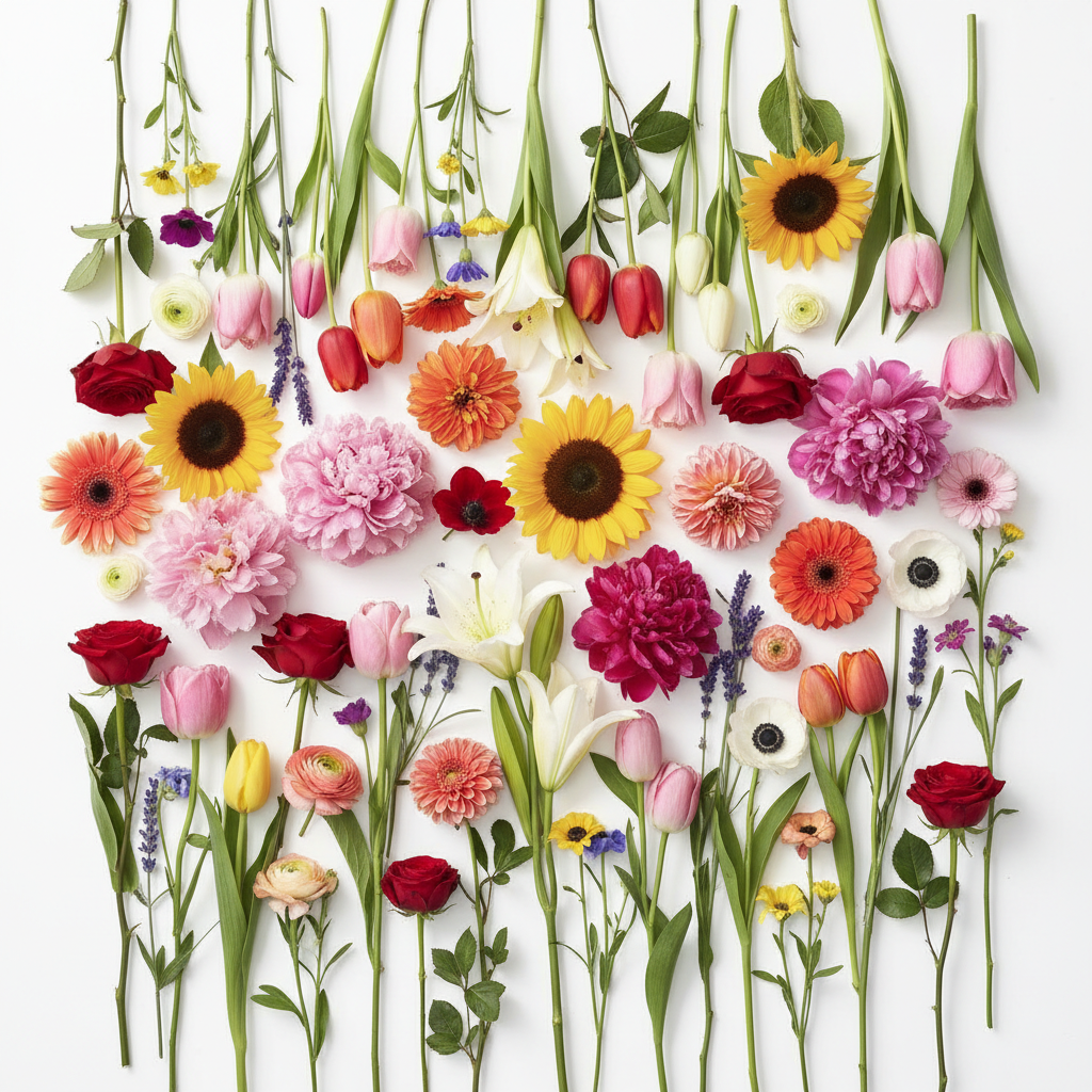 Florist Choice - Mixed flowers flat lay with stems