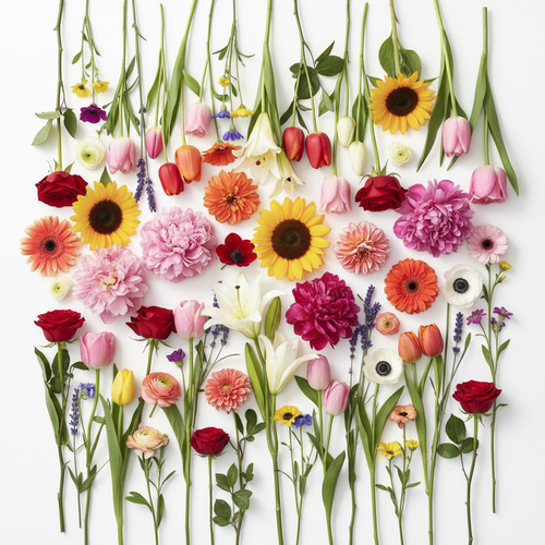 Florist Choice - Mixed flowers flat lay with stems