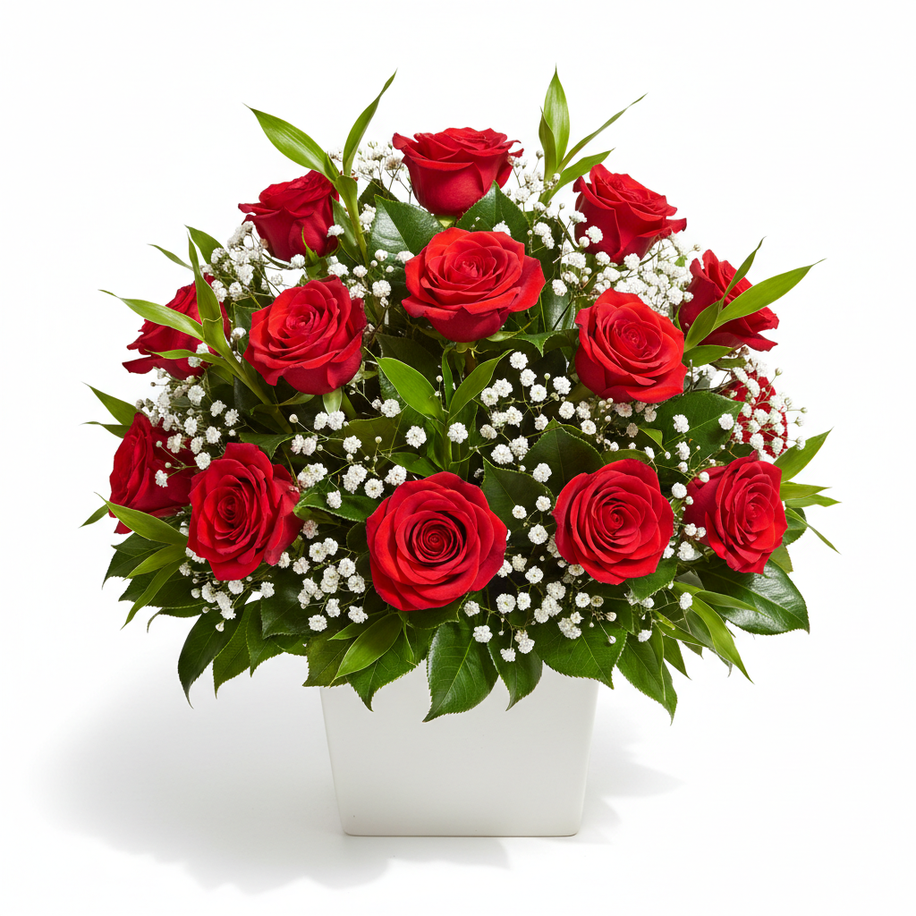 Nelson – red roses, gypsophila and greenery in a Deluxe posy box