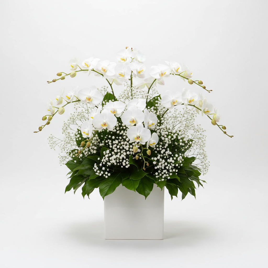 Rocky – white orchids, gypsophila and greenery in a Deluxe posy box