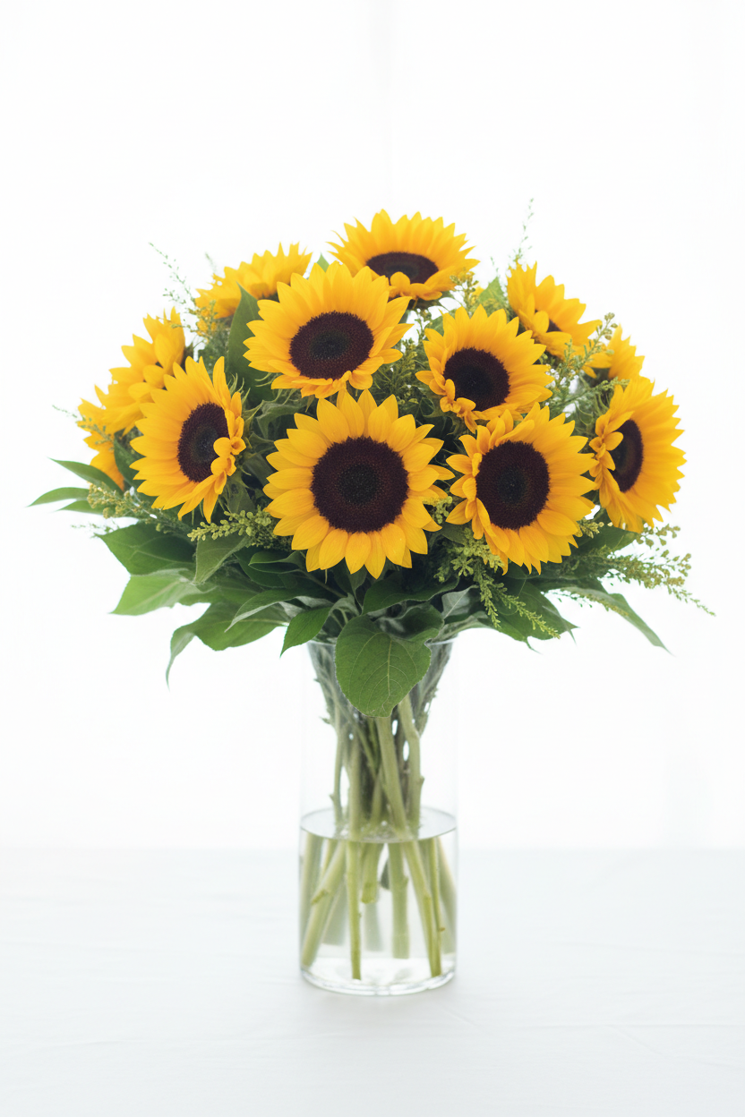 Dad – 10 sunflowers and greenery in a clear tall vase