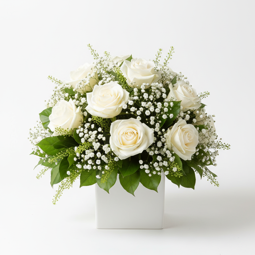 Souljah – white roses, gypsophila and greenery in a in a Deluxe posy box