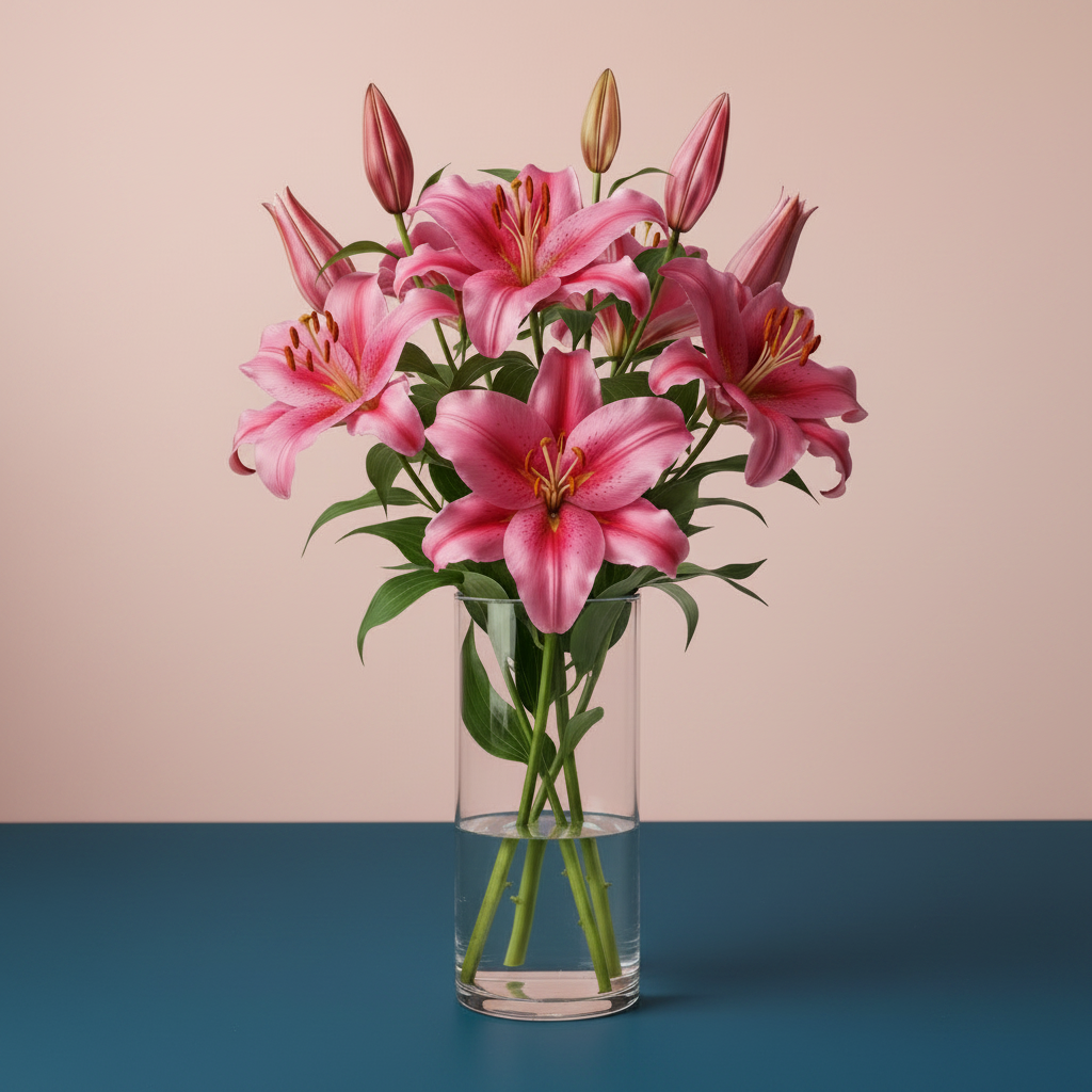 Pink lilies on teal and blush background