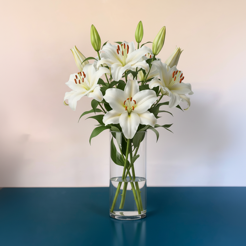 White lilies on teal and blush background